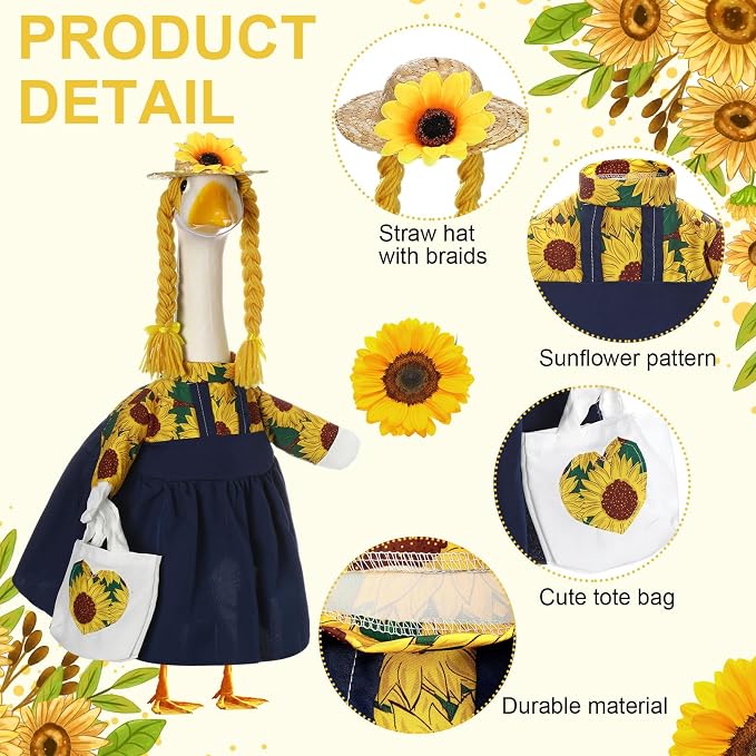 FuWeave Sunflower Goose Outfit for 23'' Cement Statue Porch Goose Clothes Flower Dress and Straw Hat for Large Statue Summer Outdoor Garden Patio Yard Lawn Art Decoration