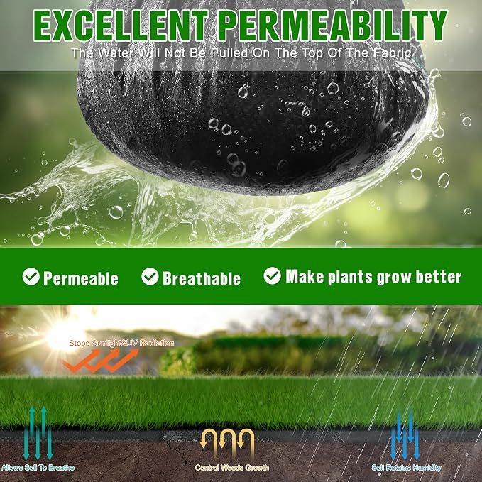 2FT x 50FT Weed Barrier Landscape Fabric Heavy Duty, 3.2oz Premium Gardening Weed Control Mat with 10 U-Shaped Securing Pegs, Ground Cover for Garden Beds, Farming, Underlayment, Commercial Driveway