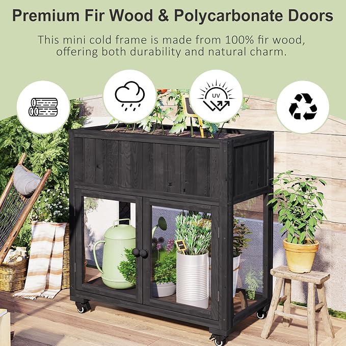 Merax Raised Garden Bed with Leg, Potting Bench with Wheels Outdoor Garden Work Bench Station Planting Solid Wood Construction for Horticulture w/Storage Cabinet, Black