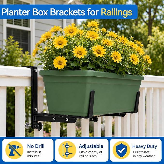 Halatool Railing Planter Box Brackets Outdoor, 4 Pack Adjustable Flower Planter Window Box Brackets, Heavy Duty No Drill Window Box Brackets with 66 lb Capacity for Railings Balcony Porch Fence