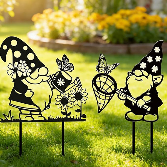 Rngmsi Gnome Metal Garden Stakes Decor, 2PCS Gnomes Gifts for Women Men Mom Wife Grandma, Gnome Yard Decorations Outdoor for Yard Art Outside Patio Lawn Pathway Landscape Ornaments (12 X 11 Inches)