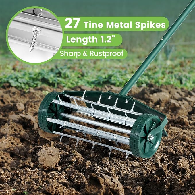 GYMAX Lawn Aerator, 17inch Heavy Duty Rolling Aerator with Sharp Spikes & Anti-Slip Handle, Push Grass Lawn Aerator for Garden, Yard, Manual Aerator Tool (with Fender)