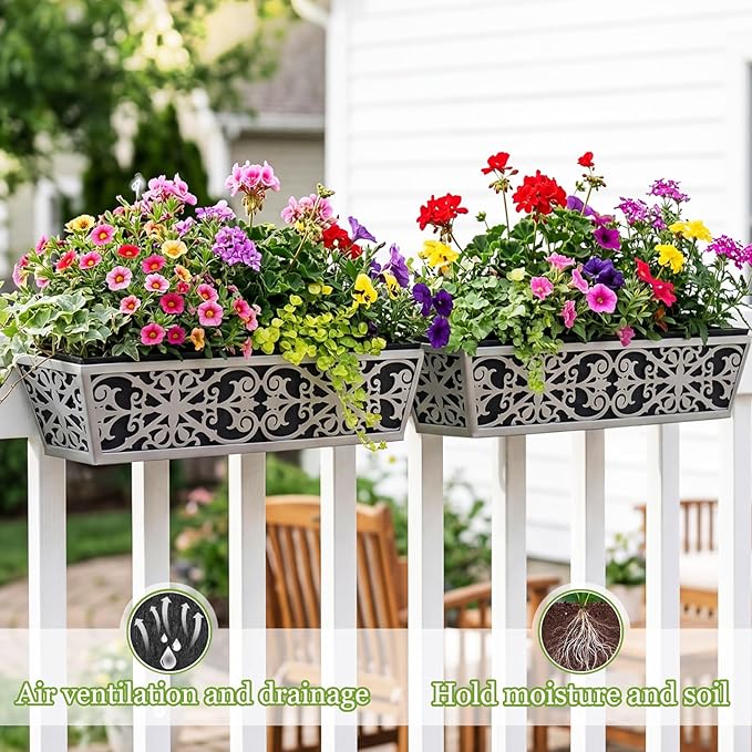 4 Pack 30 Inch Window Boxes Planter for Outdoor Plants Deck Railing Planters Box with Adjustable Brackets for Porch Fence Balcony Hanging Flower Baskets with Non-Woven Fabric Liner for Garden Décor