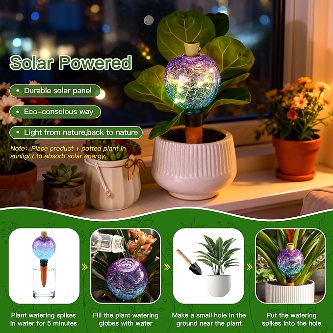 SAVENNA Crackle Glass Plant Watering Globe with Terracotta Spike,Self-Watering Irrigation for Potted Plants, with Solar Accent Light for Indoor & Outdoor Décor, 17oz, Purple–Blue Gradient
