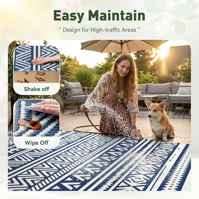 MontVoo Outdoor Rug Carpet Waterproof 6x9 Outdoor Patio Rug Mat Reverisble Plastic Straw Outdoor Rug for RV Camping Picnic Beach Balcony Boho Navy Blue