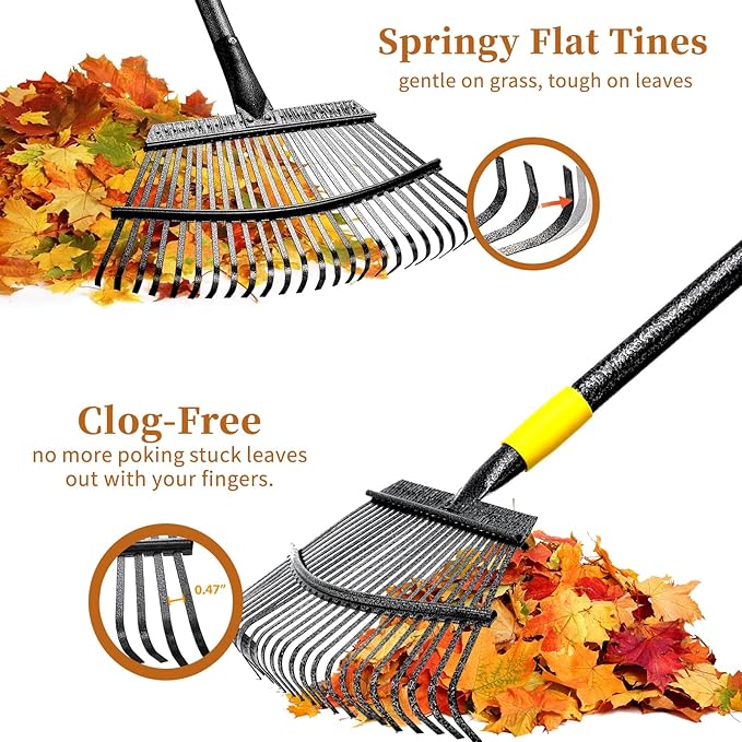 Rake for Leaves Heavy Duty, Large Garden Leaf Rakes for Lawns, 65 Inch Gardening Rake with Back-Saving Long Handle, 18.5” Wide 25 Tines Head for Quick Cleanup Yard Grass Clippings, Anti-Rust