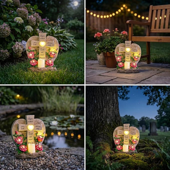 MXwcy Memorial Garden Stone Cross with LED Lights - Sympathy Gift, Bereavement & Remembrance for Loss of Loved One, Outdoor Indoor Grave Marker Decoration, Weatherproof Resin Heart Rose Design