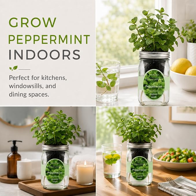 Hydroponic Herb Growing Kit, Self-Watering Mason Jar Herb Garden Starter Kit Indoor, Grow Your Own Herbs from Seeds (Peppermint)