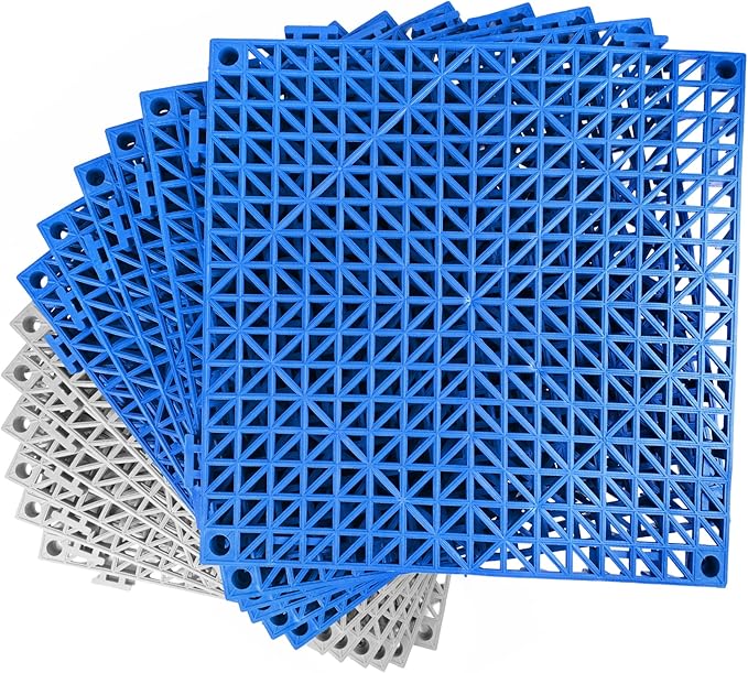 MYFAMIREA Modular Interlocking Cushion 12 Pack 11.8" x 11.8" Rubber Floor Tiles Non-Slip Splicing Drainage Mats for Deck, Pool, Outdoor Shower, Patio, Balcony, Indoor Bathroom, Kitchen (Gary Blue)