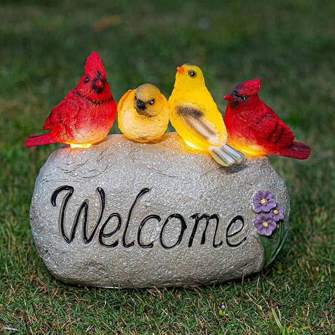 Solar Garden Statues Outdoor Decor, Welcome Sign Garden Sculptures Statue Novelty Birds Figurine Decoration for Patio Yard Porch Art Home Decor or Gifts for Mom Grandma