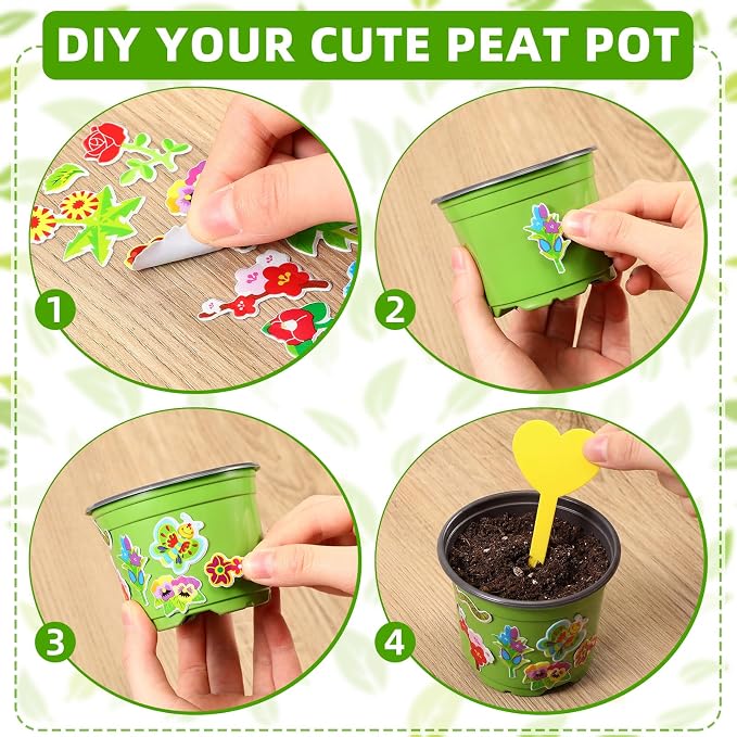 100 Sets Garden Pot Craft Kit, Flower Plant Spring Craft Including Plastic Nursery Plant Pots Labels Tags Stickers for DIY Flower Planting Growing Birthday Arts Kit (Cute)