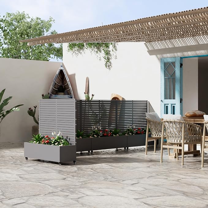 Casaphoria Metal Raised Garden Bed with Trellis and Wheels, 47"x47"x16" Planter Box for Climbing Plants, Vegetables & Vines, Features Drainage Holes and Privacy Screen (Grey-Louvered)
