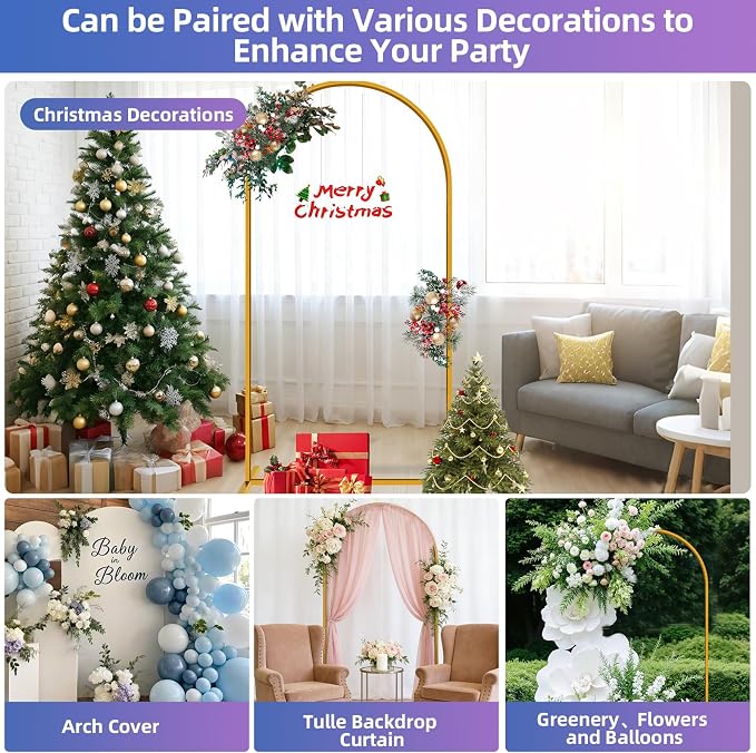 Hemmotop 6.6FT Arch Backdrop Stand for Party, Ceremony, Metal Arch Frame with Ground Stakes, Gold Photo Back Drop Stand for Bridal Shower, Birthday, Photo Booth, Garden Decoration, Baby Shower