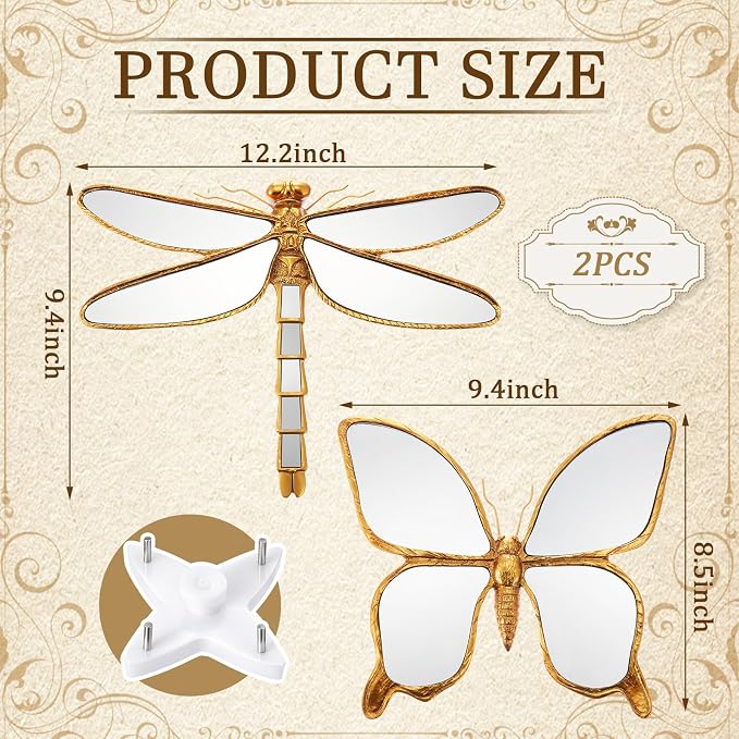 Sliner 2 Pcs Dragonfly & Butterfly Mirror Wall Decor Gold Resin Aesthetic Insect Wall Art, Vintage Decorative Glass Mirrors for Home Nursery Garden, Elegant Nature Gift for Summer Wedding
