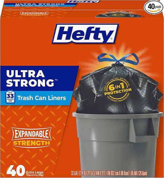 Hefty Ultra Strong 33 Gallon Trash Bags, Large Trash Bags 33 Gallon Size, Trash Can Liners, Break Resistant Drawstring Closure, Resists Leaks, Punctures, and Tears, Black, 40 Bags