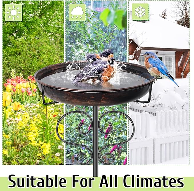 Freestanding Bird Bath for Outside, Metal Birdfeeder with Heavy Duty 5 Prong Base Stand, Detachable Garden Bird Bath Bowl for Outdoor Yard Lawn Patio Decor (Antique Bronze)