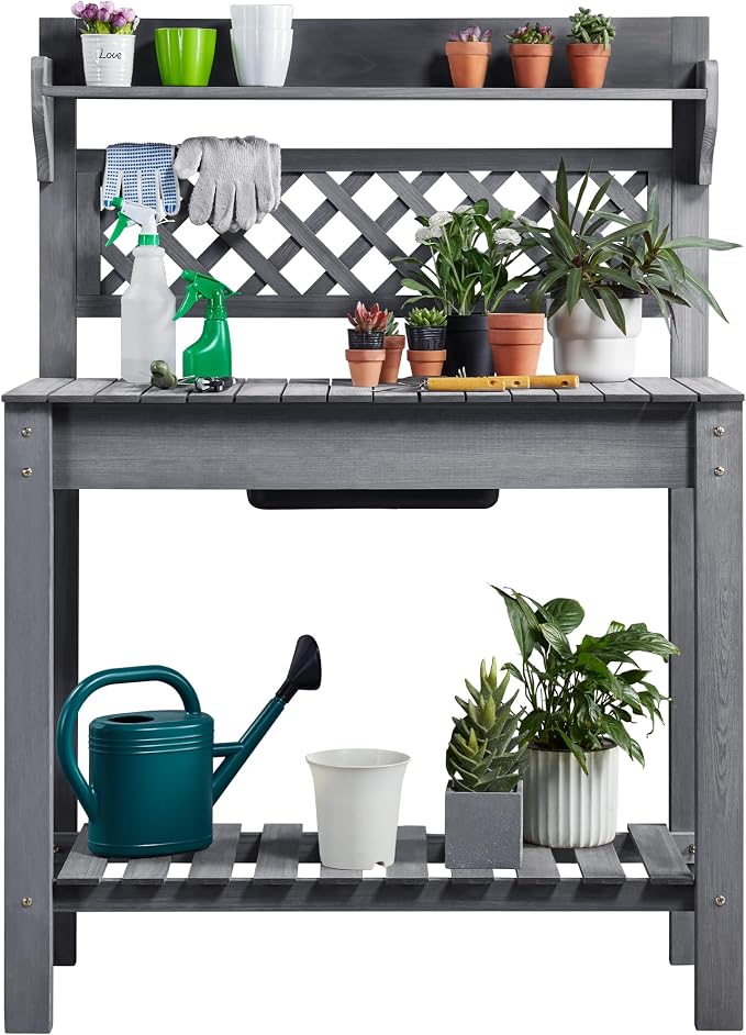 Topeakmart Potting Table Wood Workstation Table w/Sliding Tabletop w/Removable Dry Sink Storage Shelves Outdoor Garden Work Benches Station Planter Bench for Backyard Patio Gray