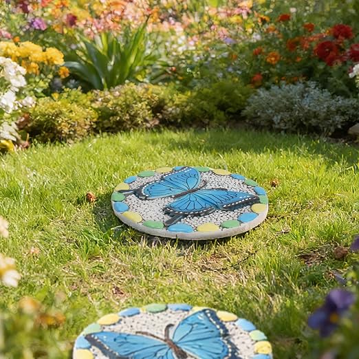 Decorative Butterfly Garden Stepping Stone - Round 10-Inch Concrete, Multi-Colored with Blue Design, Pebble Background for Outdoor Pathways Cynkeyee