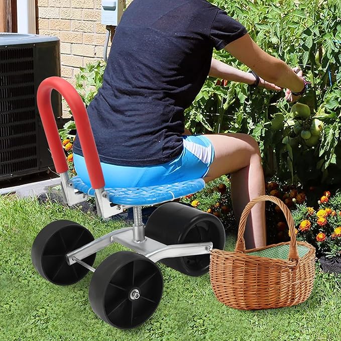 Garden Cart Rolling Stool with Wheels Stable Workseat Sturdy Cart Work Seat Outdoor Lawn Yard Patio Wagon Scooter Adjustable Seat Height and Direction Gardening Helper for Planting