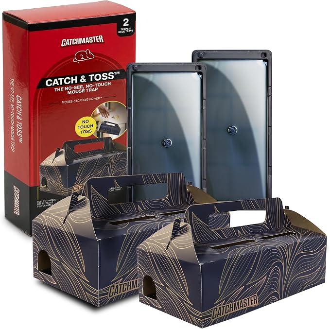 Catchmaster Catch & Toss: No-Touch, No-See Disposable Mouse Glue Traps Indoor, No Bait Needed (2 Pack), Catches up to 10 Mice — Pesticide-Free, 6 Months of Child & Pet Protection Sticky Mouse Traps