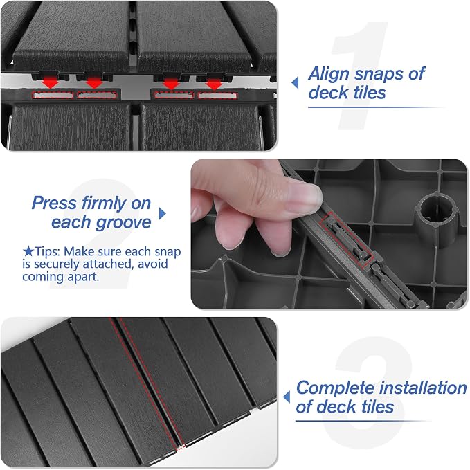 MYFAMIREA 9 Pcs Plastic Interlocking Deck Tiles 12" L x 12" W Patio Floor Decking Tiles Indoor Outdoor Waterproof Non-Slip Flooring Tile All Weather Use for Balcony Backyard Porch Poolside, Dark Grey