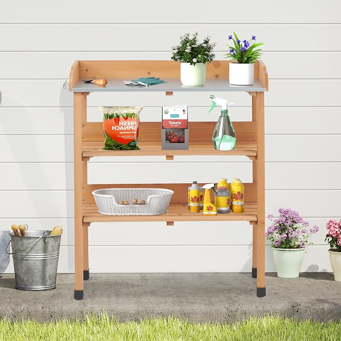 Outdoor Wooden Potting Bench Table, Garden Wood Workstation Planting Table with Metal Top, Storage Shelf, and 3 Hooks for Gardening, Light Brown