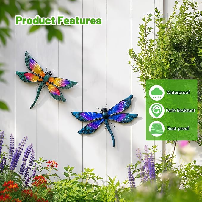 HONGLAND 2 Pcs Metal Dragonfly Decor, Dragonfly Outdoor Wall Decor, Metal Wall Art, Wall Sculptures Gifts Hanging Decorations for Garden Fence Yard Home-Orange&Blue