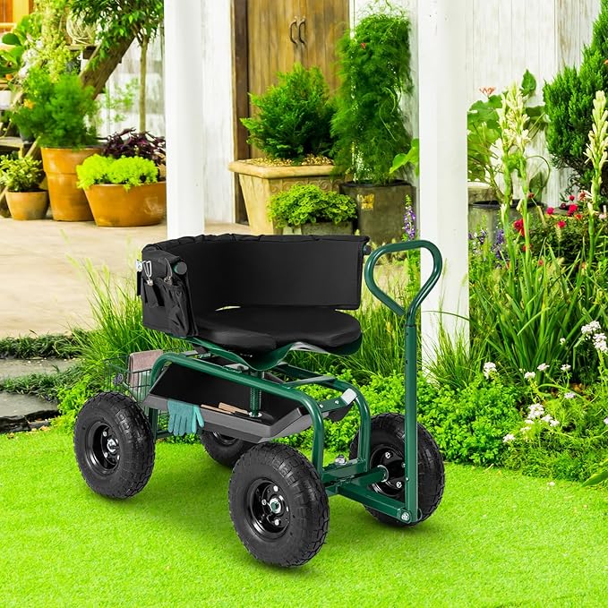 Garden Cart with Seat, Heavy-Duty Rolling Wagon Scooter with Wheels, Height Adjustable & 360° Swivel Seat, Storage Tray, Basket & Handle, Outdoor Gardening Work Seat for Patio Yard(Green)
