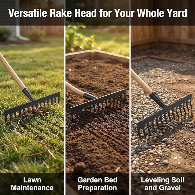 Heavy-Duty Metal Rake Head, 14-Tine Rake Head for Lawn Care, Replacement Rake Head for Leveling Soil and Clearing Debris