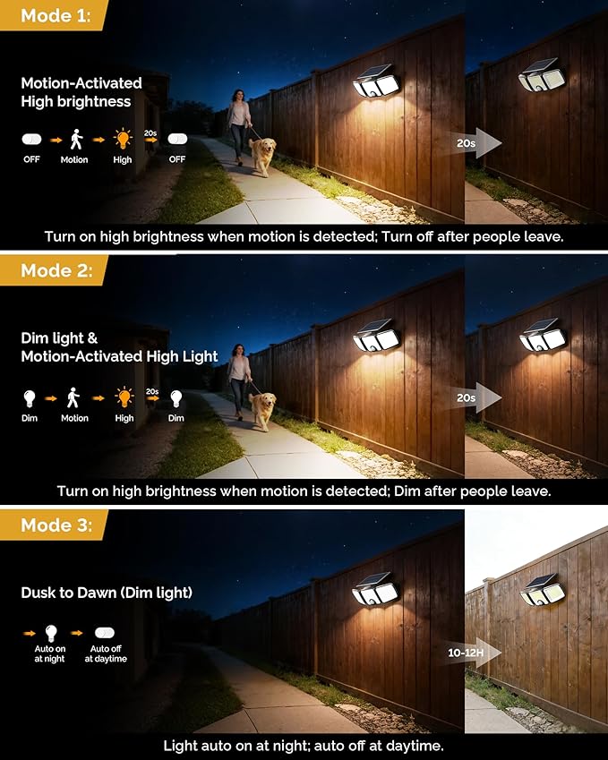 Brightown 4 Pack Solar Outdoor Lights, 2500LM 223 LED Solar Flood Outdoor Lights with Motion Sensor 3 Modes, 3 Head 270° Wide Angle Street Area IP65 Waterproof Security Wall Lights with Remote