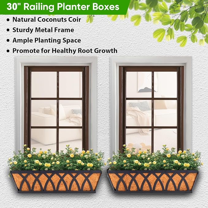 HKZ Deck Balcony Railing Planter Window Boxes - 2 Pack 30 Inch Planter Box, Balcony Planters Railing Hanging, Window Boxes Outdoor Fence Planters