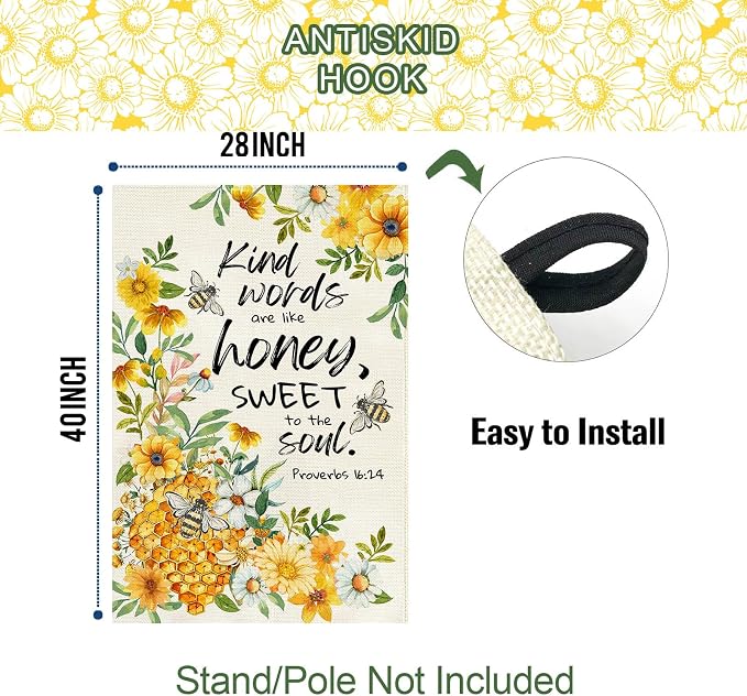 Baccessor Summer Bee House Flag 28x40 Inch Double Sided Burlap, Kind Word Honey Sweet Yellow Floral Flowers Holiday Porch Patio Outdoor Outside Decoration