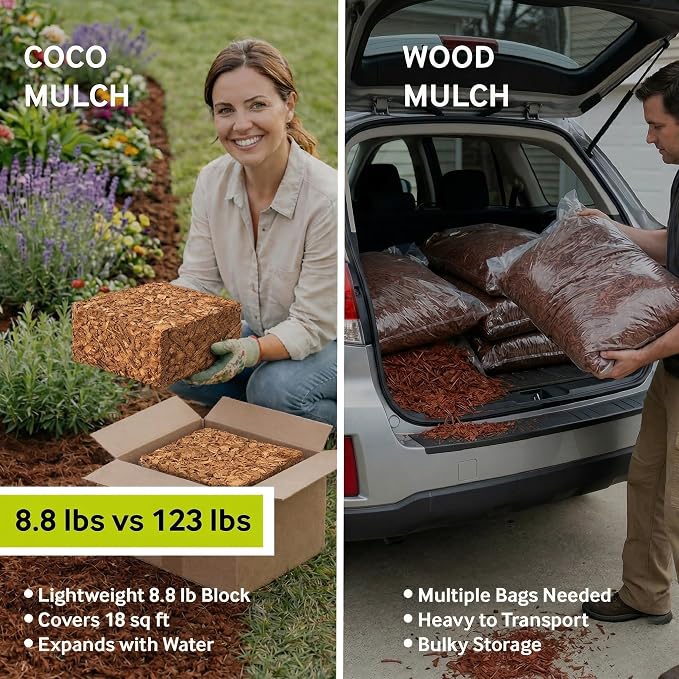PlantBest Coco Mulch Compressed Block 9.1 lb – Expands to 64 Quarts and Up to 17.5 Sq. Feet, Organic Coconut Mulch for Landscaping, Garden Beds, Trees, Plants & Weed Control