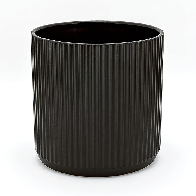 Amazon Basics Fluted Ceramic Planter Pot for Indoor Outdoor Plants, Round Flower Pot with Drainage Hole, 10-inch, Black