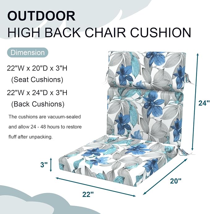 DYTXIII Outdoor High Back Chair Cushions Set of 2, 44"x22" Water Repellent Patio Seat Cushions with Elastic Sponge, All Weather Chair Pads for Rocking, Dining, Patio Furniture - Clemens Noir Blue
