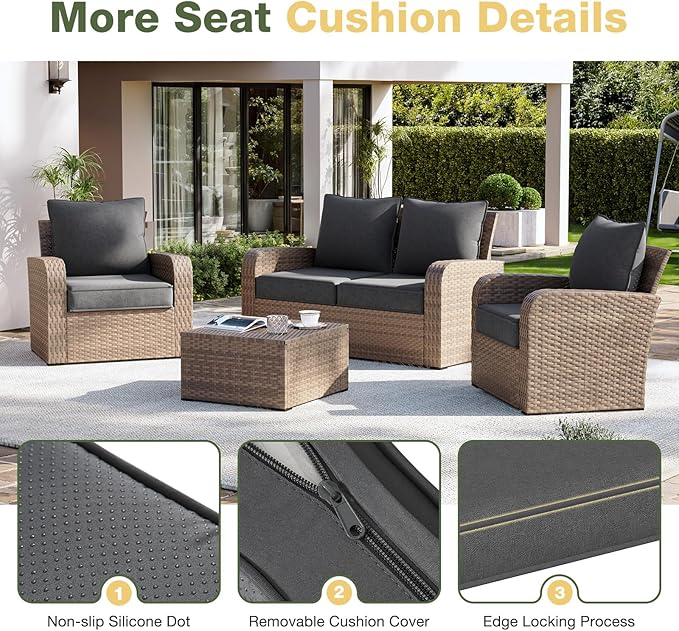 Aoxun Replacement Cushions for Outdoor Furniture, 4-Piece Outdoor Cushions for Patio Furniture, Deep Seat, Waterproof & Fade Resistant Couch Cushion for 4-Seat Patio Conversation Sets, Grey