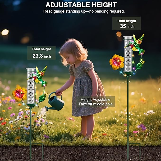 shumi Rain Gauge Outdoor - Solar Hummingbird Rain Gauges with LED Solar Lights, Freeze Proof Adjustable Height, Metal Water Gauge for Yard Garden Decor, Gardening Gifts for Women