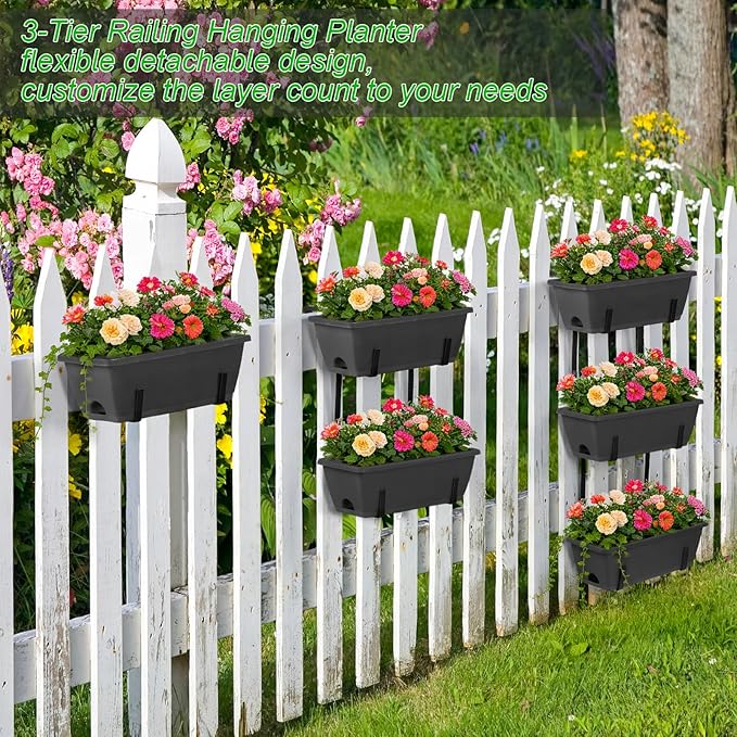 OYEAL Deck Railing Planter Boxes Set of 2 Over Fence Planters for Outdoor Plants, Hanging Window Planter Boxes with Adjustable Brackets, 6 Plastic Flower Boxes, Grey