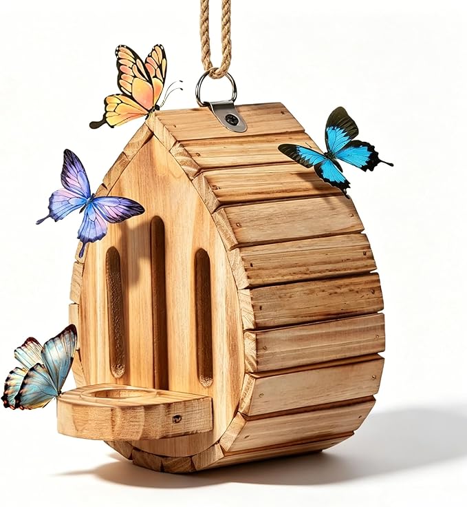 Butterfly House Butterfly Habitat Garden - Wooden Butterfies Houses with Feeder Hanging Garden Decoration Natural Butterfly Habitat Nesting Box for Butterflies Bugs Moths & Lacewings