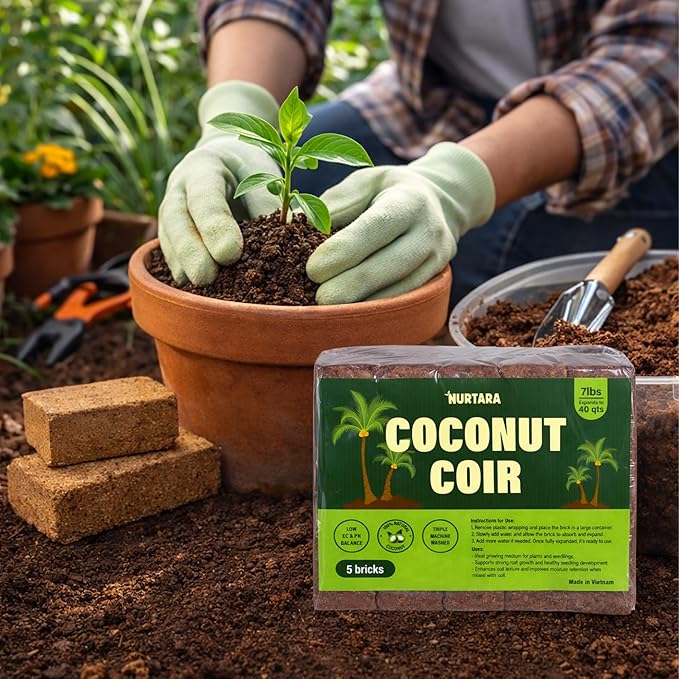 7 Lbs Bricks, Pack 5 Coconut Coir | 1.4 Lbs Each | Organic Compressed Cocopeat, Seed Starter Soil, Coconut Fiber for Reptile Terrarium, Potting Mix | Low EC, pH Balanced, Odor-Free
