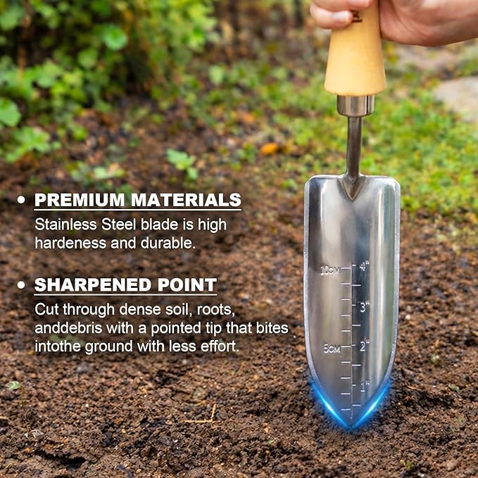 Berry&Bird 4" Measuring Transplanting Trowel, Stainless Steel Garden Hand Shovel with Ash Wood Handle & Leather Hanging Loop, Heavy Duty Gardening Tool for Digging, Planting, Potting & Loosening Soil