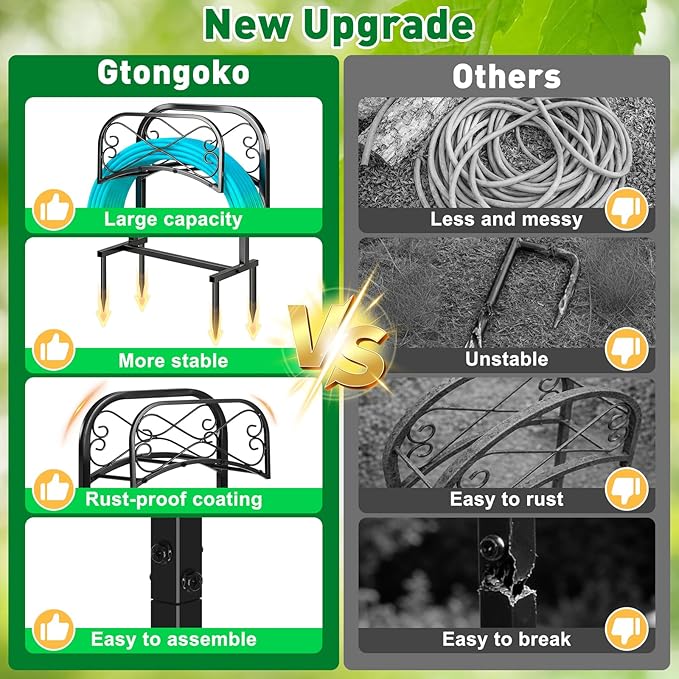 Gtongoko Garden Hose Holder for Outside 70" with 4 Prongs Base & 2 Shepherds Hooks Heavy Duty Freestanding Metal Water Hose Holder Stand Holds Up to 150FT Hose & 44LB Detachable Hose Storage for Yard