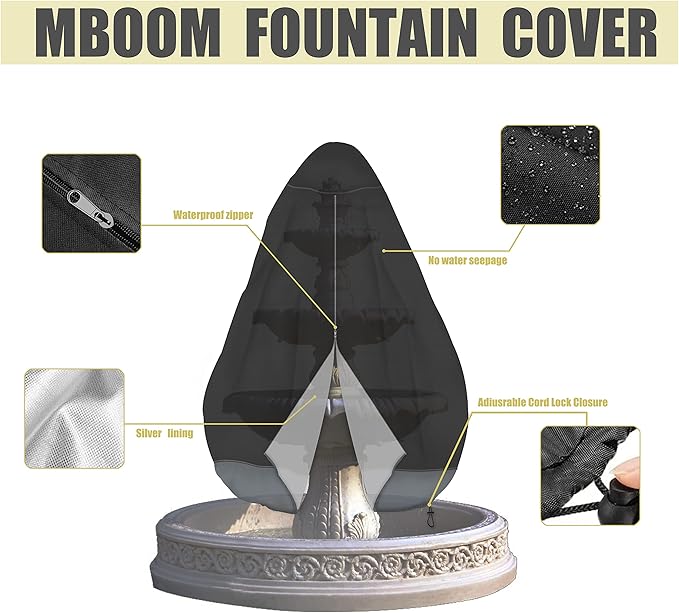 MBOOM Outdoor Fountain Cover 36" D x 42" H, Heavy Duty 600D Oxford Waterproof Guard with Front Zipper, Windproof Dustproof Fountain Cover for Winter Garden Patio Backyard Use