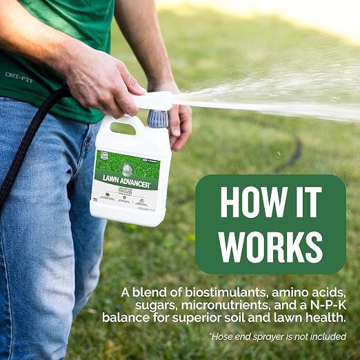 Turf Titan Lawn Advancer – Green Lawn Booster and Lawn Fertilizer (1 Gallon) – Fast Acting Grass Fertilizer w/Tri-Action Formula – Fertilizer Concentrate for Grass Growth - Covers up to 24,000 Sq Ft