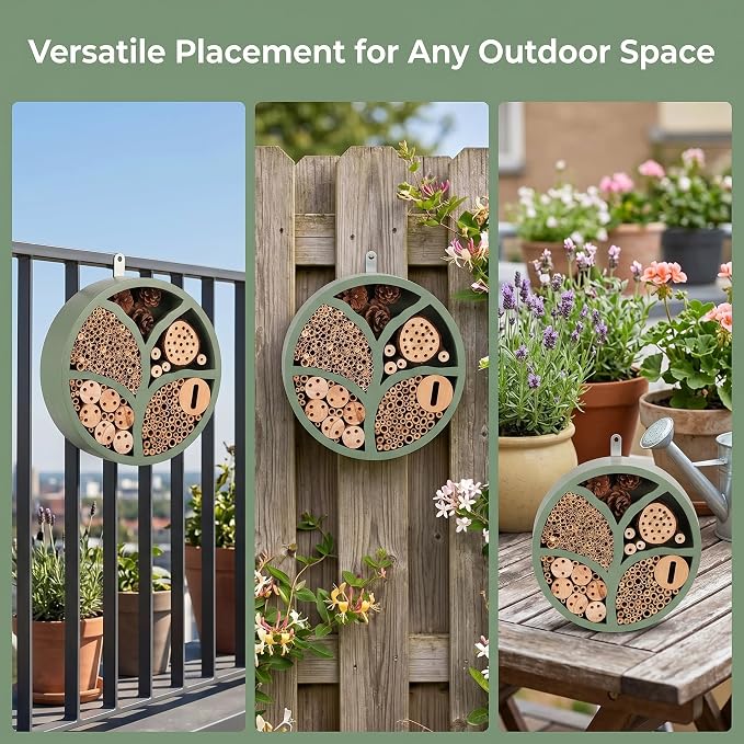 Topadorn Tree of Life Wooden Insect Hotel, 11.5" Multi-Habitat Bee House for Pollinators, Outdoor Garden Decor