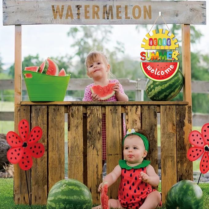 HOURIA Hello Summer Welcome Front Door Sign,11.4"*14.6"Inch Watermelon Sunshine Wood Hanging Plaque for Wreath,Colorful Summer Ice Cream Door Hanger for Porch Garden Farmhouse Indoor Outdoor