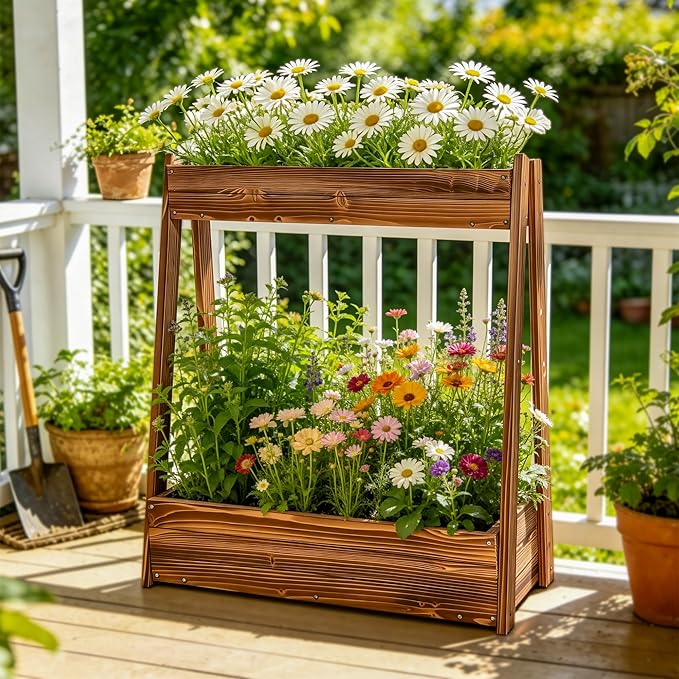 2-Tier Elevated Raised Garden Bed, 36" H Fir Wood Planter Box with 23" Large Growing Space, Drainage Holes & Non-Woven Liner, Outdoor Flower Bed & Herb Garden Planter for Patio Balcony Backyard