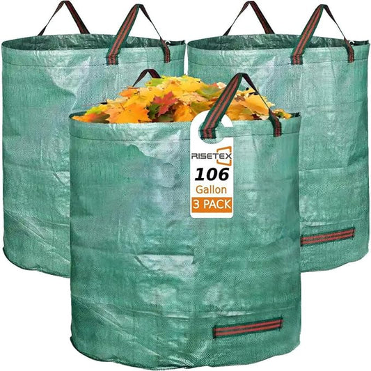 RISETEX Leaf Collector 3-Pack | 106Gal Eco-Friendly Reusable Leaf Bags | Heavy-Duty Self-Standing Yard Waste Container w/4 Handles for Lawn Maintenance & Outdoor Recycling