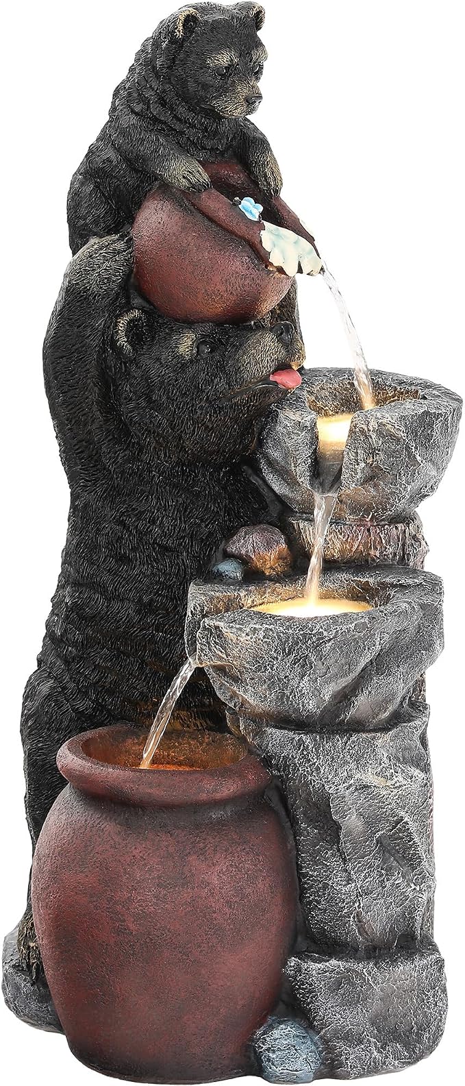 37.5" H Resin Playful Twin Bear Fountain Outdoor, Whimsical Multi-Tiered Stone Vessel Water Feature Outdoor with Lights, Soothing Cascading Waterfall for Patio, Backyard, Garden or Porch
