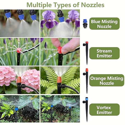 230FT Garden Irrigation System with 40 Nozzles & Emitters, Automatic Watering System with 1/2" & 1/4" Tube and Barbed Fittings, for Raised Beds, Greenhouse, Lawn